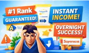 Visual showing fake digital marketing promises such as guaranteed rankings, instant income, and overnight success.
