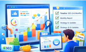 Illustration showing legitimate digital marketing practices like SEO reports, strategy planning, and long-term growth tracking.