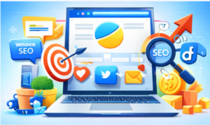 Illustration explaining digital marketing channels like SEO, social media marketing, email marketing, and online advertising.